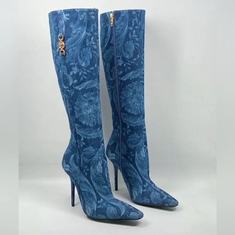Versace T.110 110MM Floral Denim Pointed Boots size 38